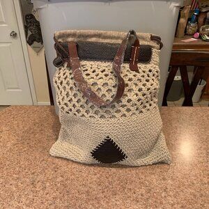 POL Tan Crochet Drawstring tote with leather accents NEW